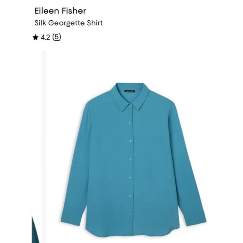 Eileen Fisher Silk Georgette Shirt L Blue Turquoise Button Front Tunic 100% Silk